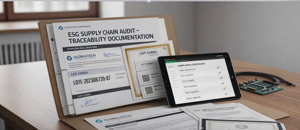 Electronic component traceability documentation showing supplier declarations, lot codes, and compliance certificates for ESG supply chain audits